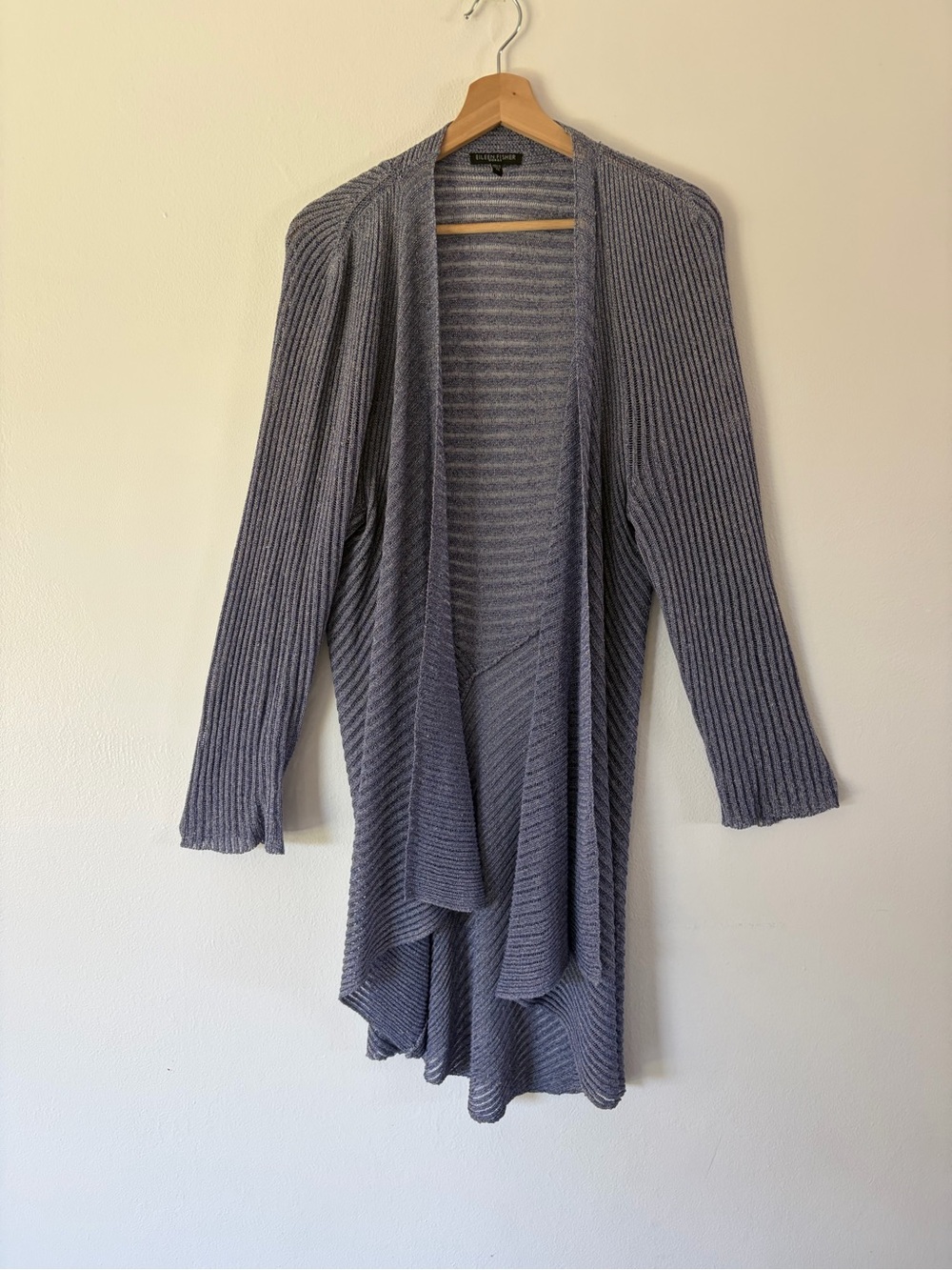 Eileen Fisher Tonal Groove Purple Open Knit Waterfall Front Long‎ Cardigan